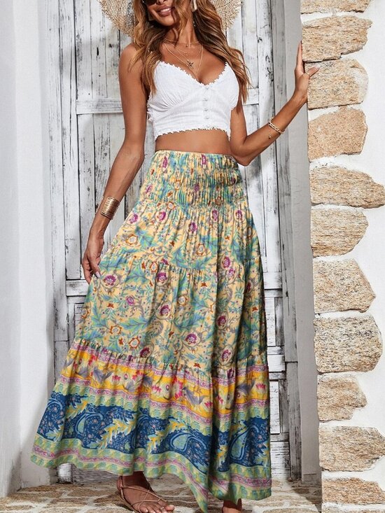 Dresses & Skirts - NWOT Women's Floral Tiered Maxi Skirt - Yellow & Teal